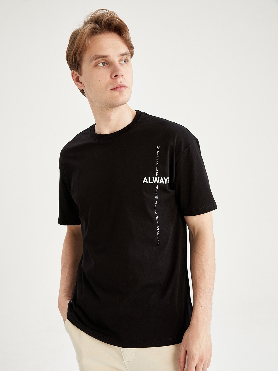 

DeFacto Typography Printed Drop Shoulder Sleeves Pure Cotton T-shirt, Black