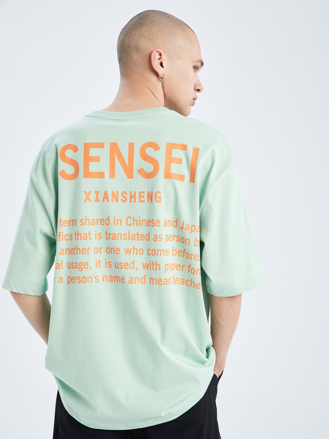 

DeFacto Typography Printed Drop-Shoulder Sleeves Pure Cotton Loose Fit T-shirt, Green