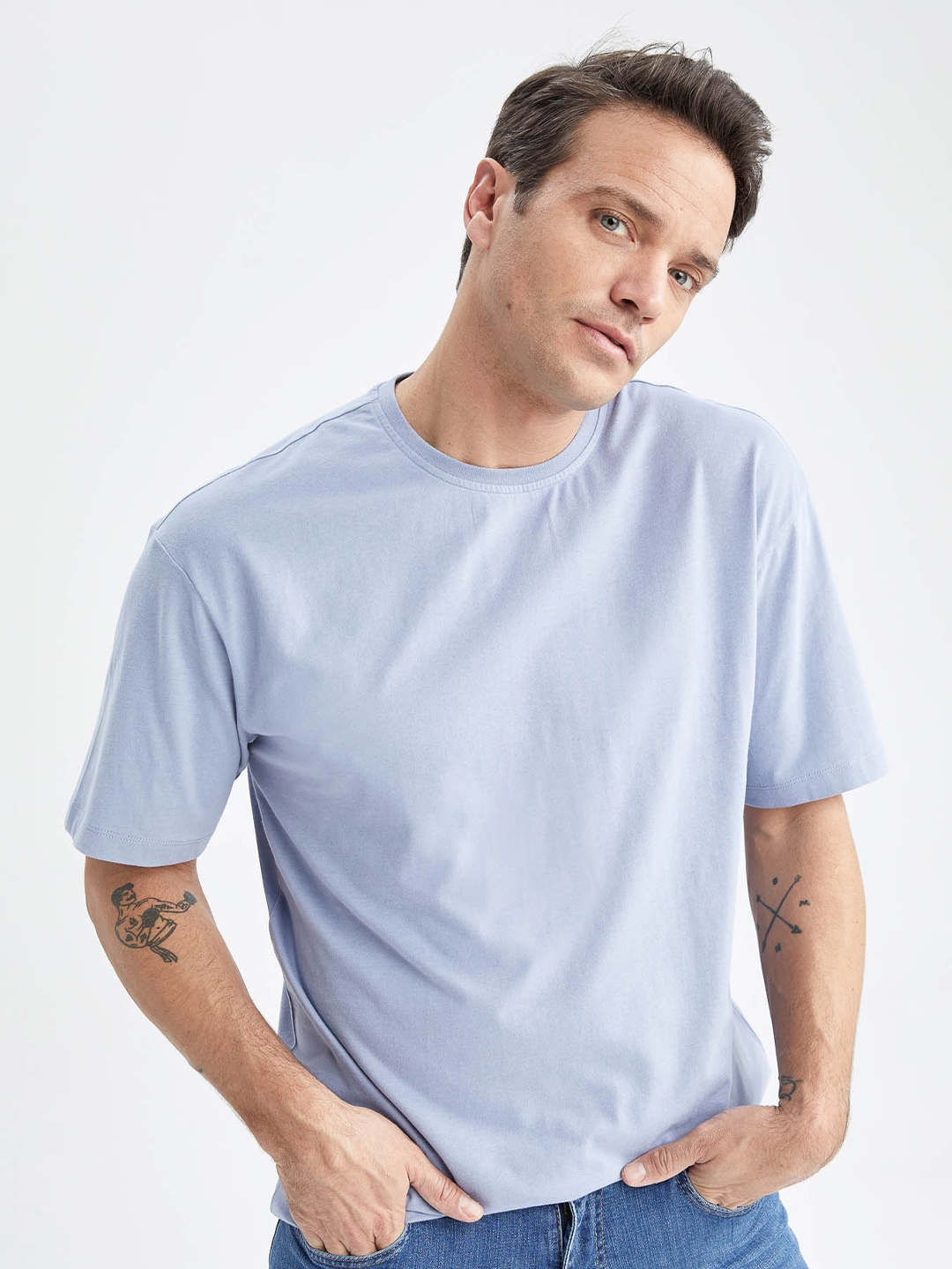 

DeFacto Ribbed Round Neck Cotton T-shirt, Blue