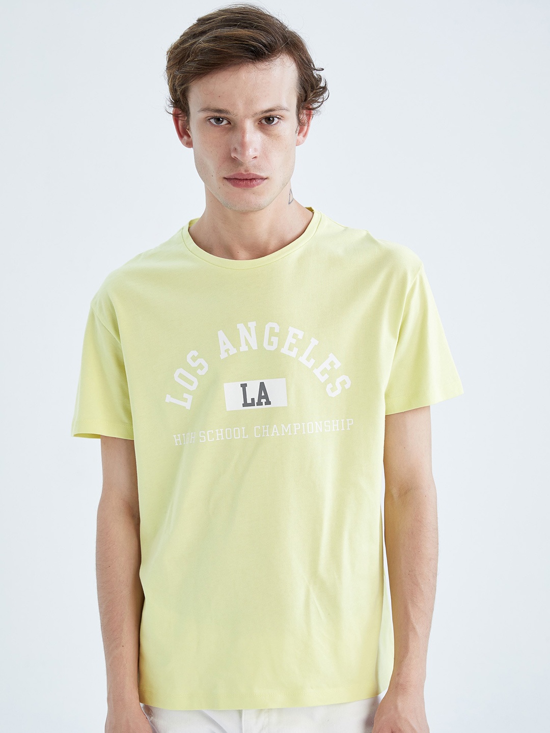 

DeFacto Typography Printed Drop Shoulder Sleeves Pure Cotton T-shirt, Yellow