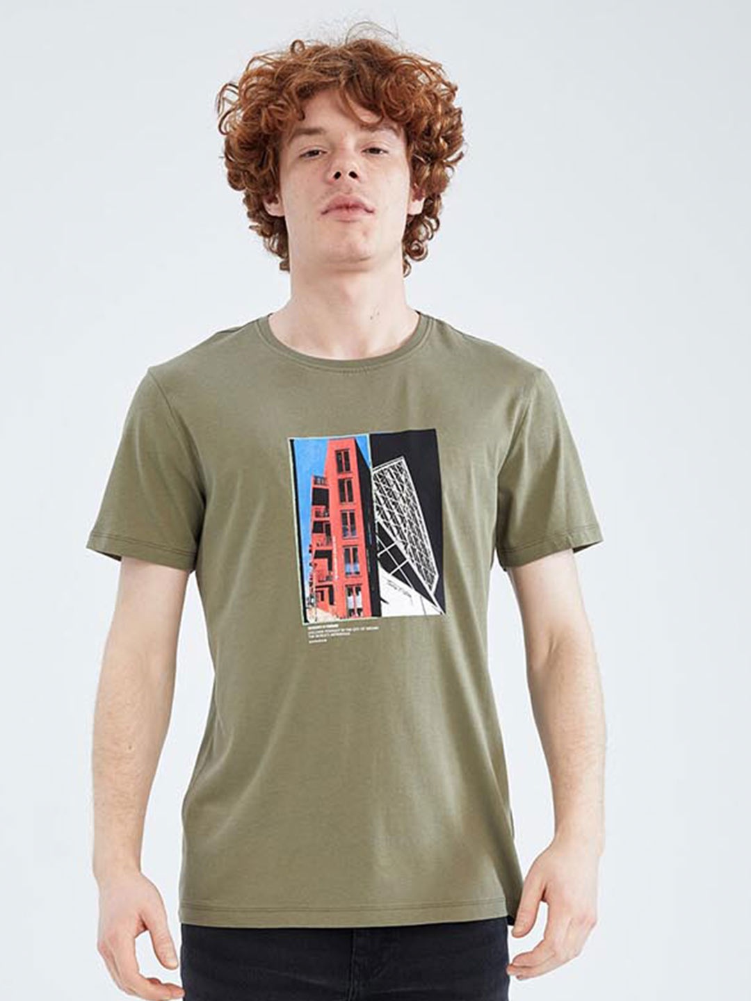

DeFacto Graphic Printed Pure Cotton T-Shirt, Olive