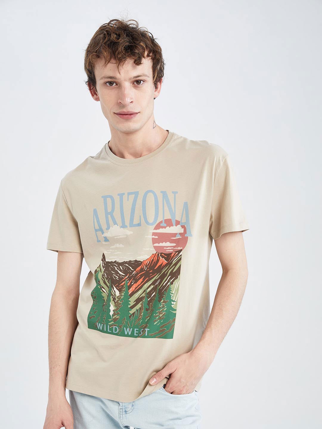 

DeFacto Graphic Printed Pure Cotton T-shirt, Beige