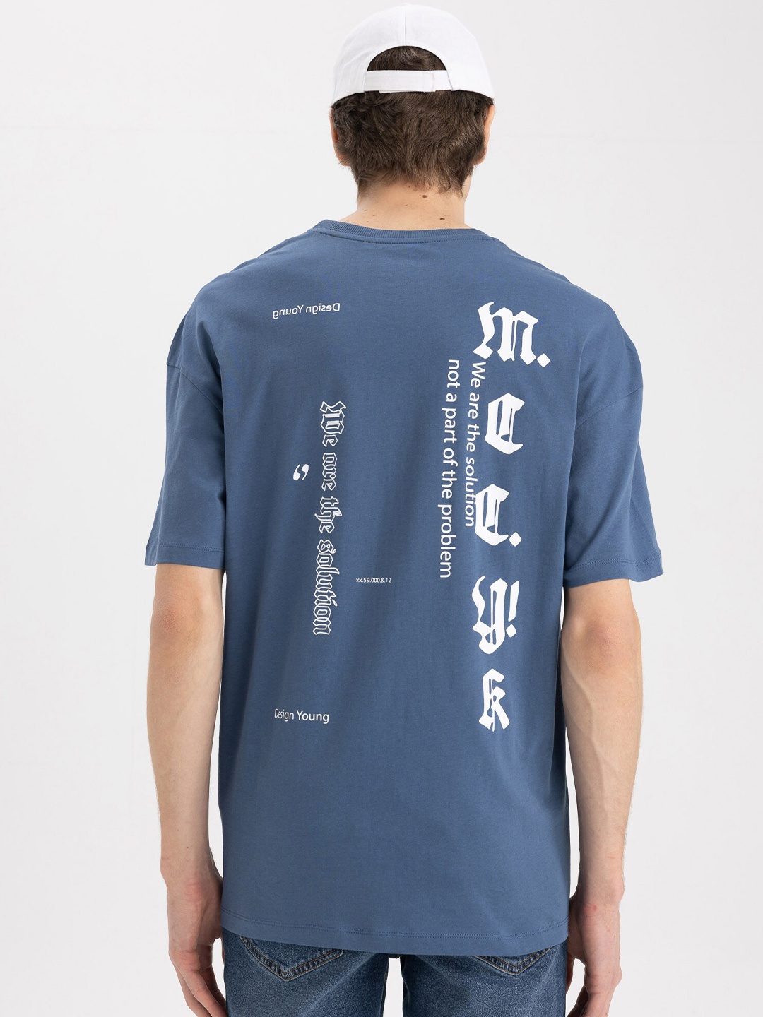 

DeFacto Typography Printed Drop-Shoulder Sleeves Cotton T-shirt, Blue