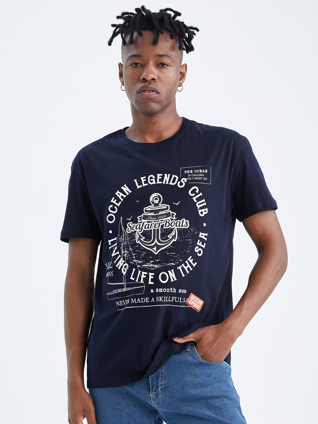 

DeFacto Typography Printed Round Neck Pure Cotton T-shirt, Navy blue