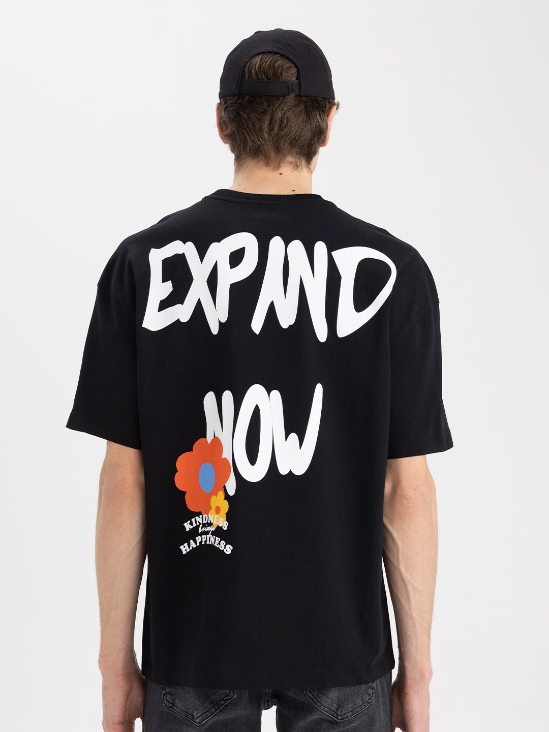 DeFacto Typography Printed Cotton T-shirt, Black