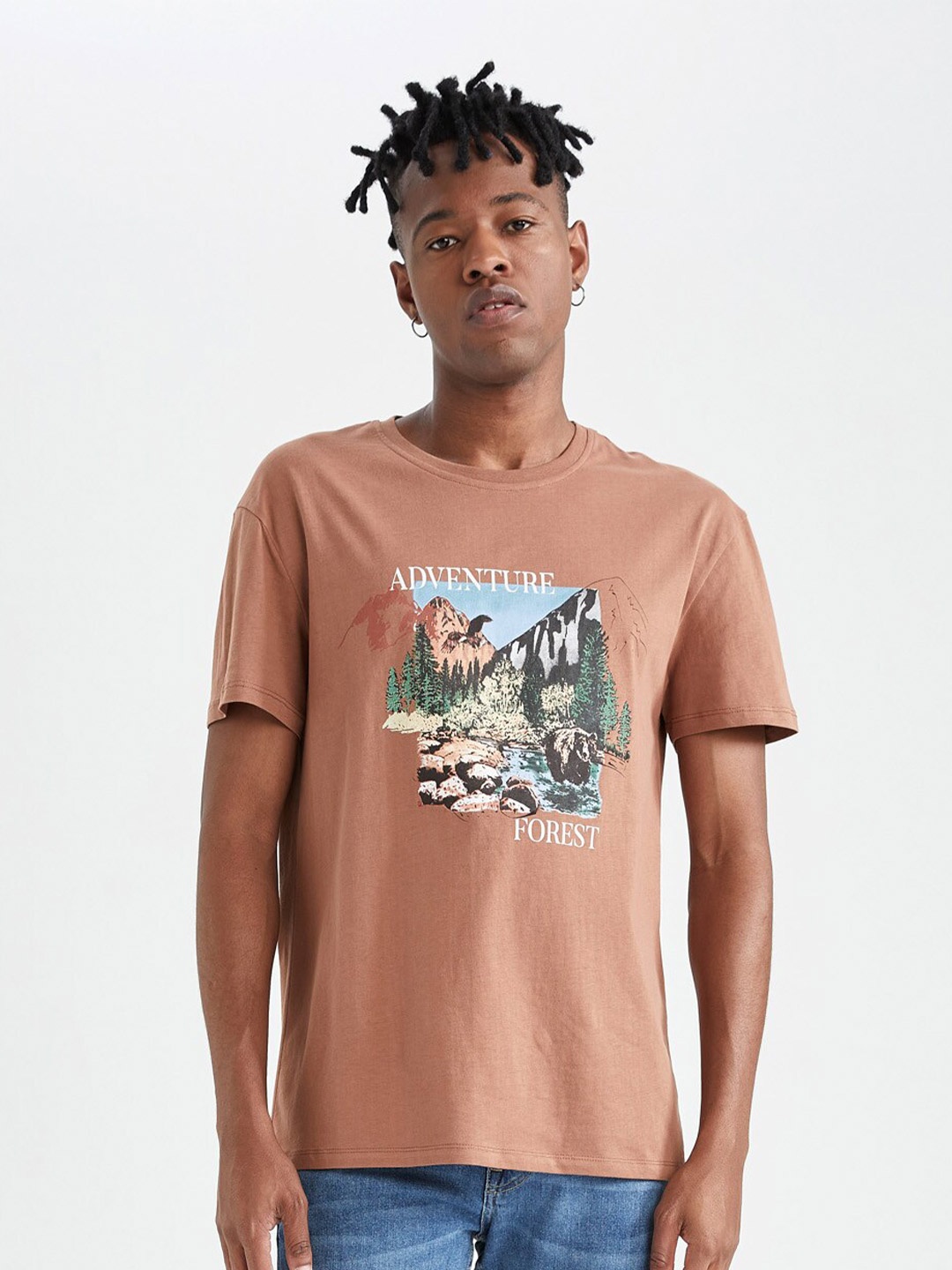 

DeFacto Graphic Printed Round Neck Pure Cotton T-shirt, Brown