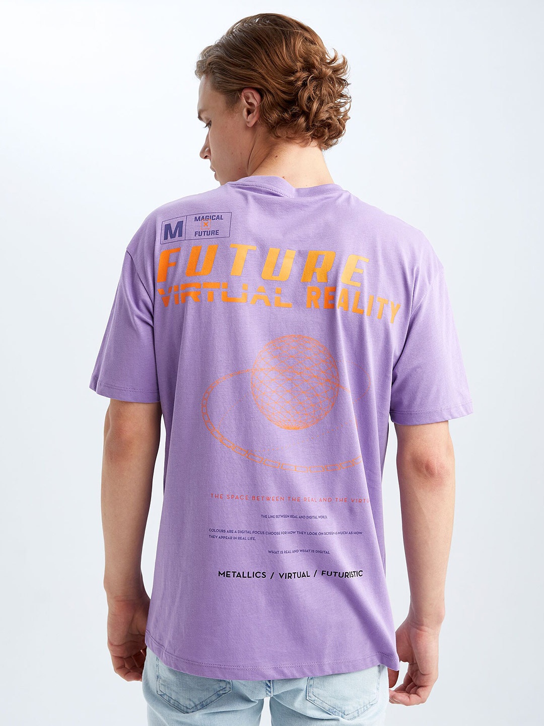 

DeFacto Typography Printed Drop-Shoulder Sleeves Cotton T-shirt, Lavender