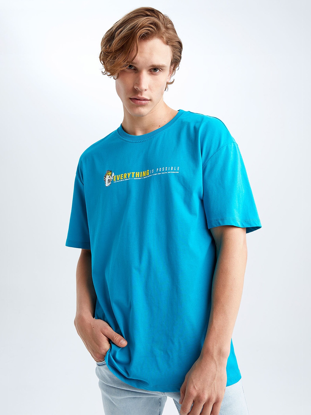 

DeFacto Drop-Shoulder Sleeves Typography Printed Cotton T-shirt, Blue