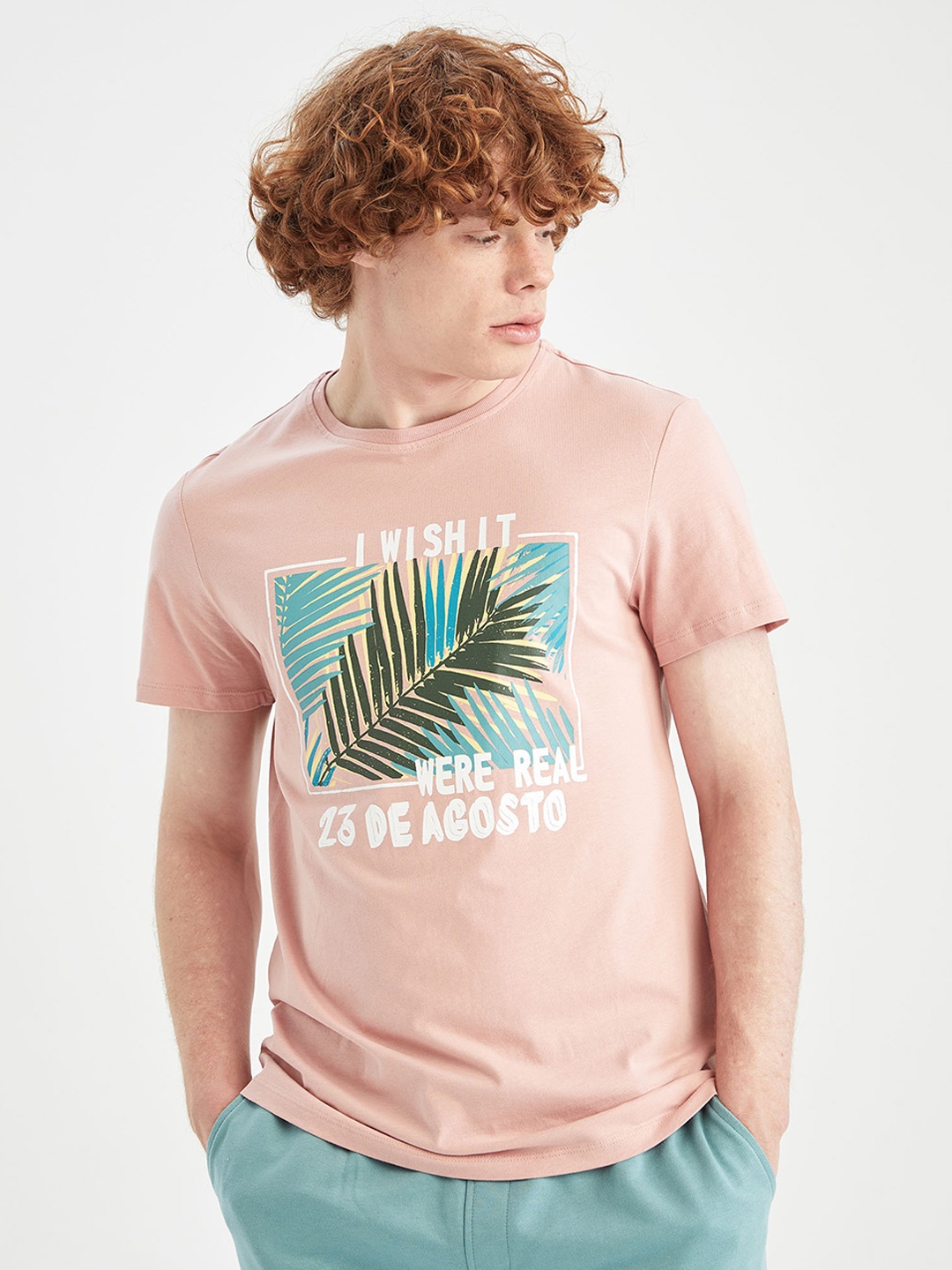 

DeFacto Tropical Printed Round Neck Pure Cotton T-shirt, Pink