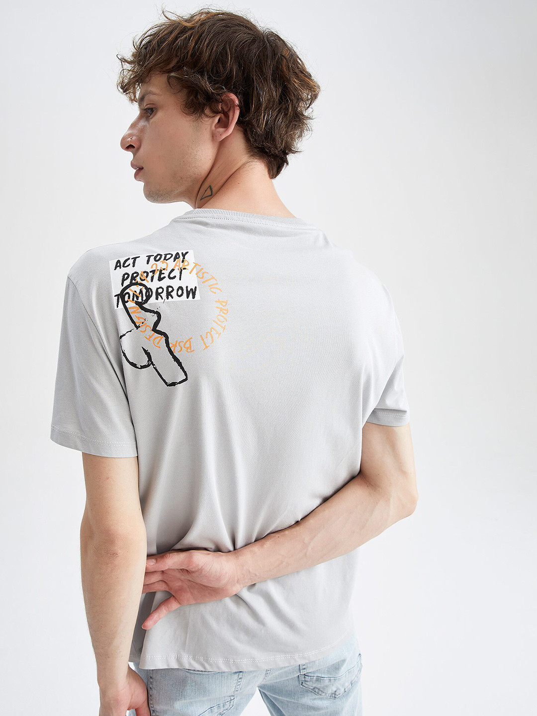 

DeFacto Graphic Printed Knitted Pure Cotton T-Shirt, Grey