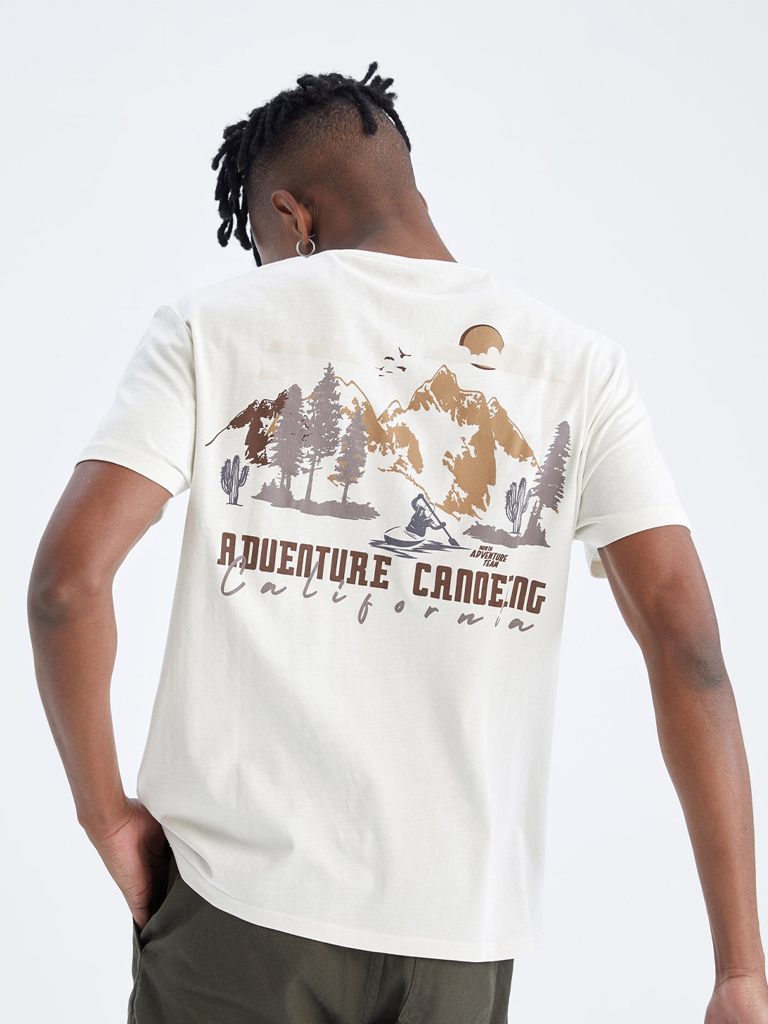 

DeFacto Round Neck Graphic Printed Cotton T-shirt, Off white