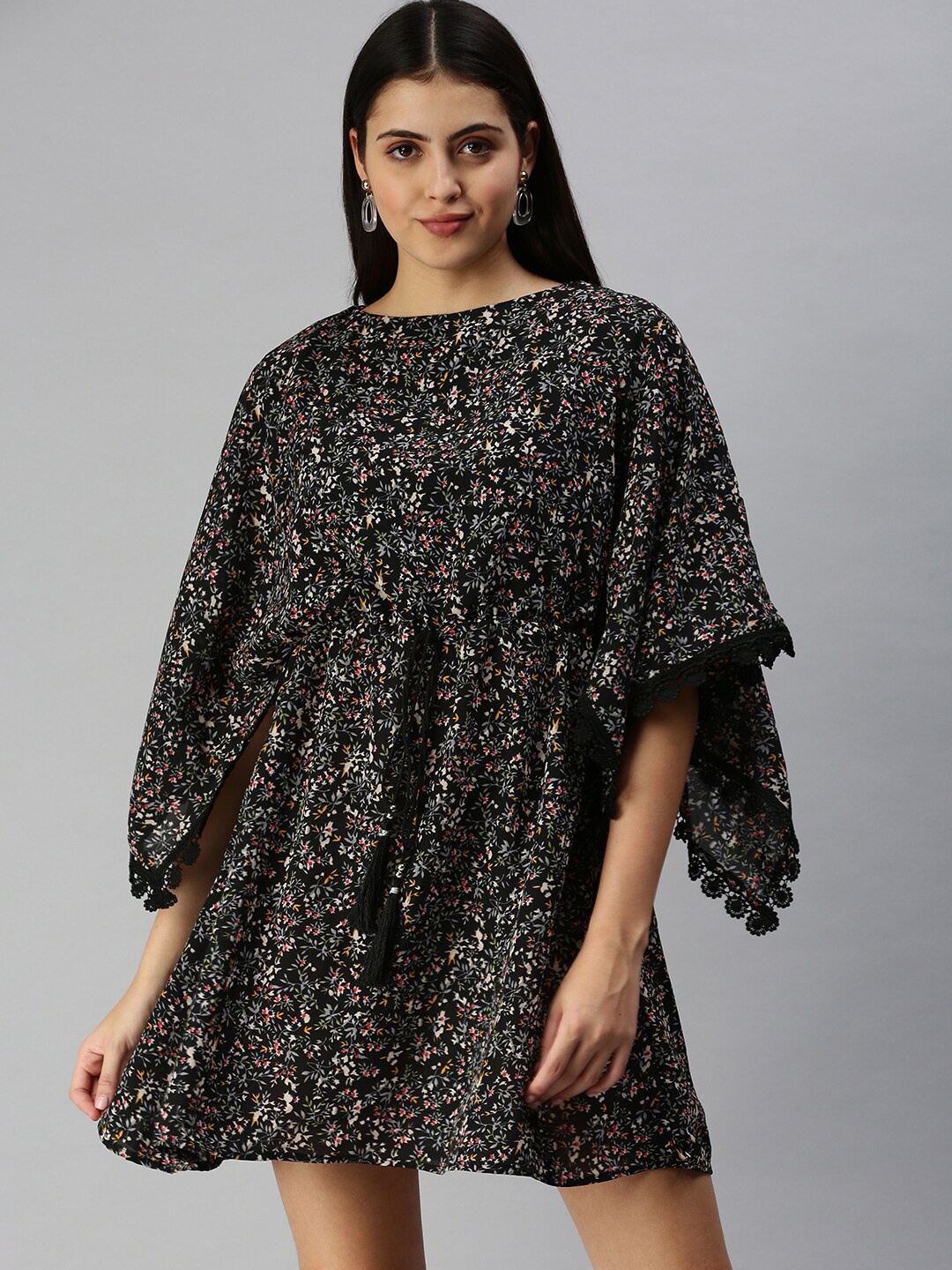 

SHOWOFF Boat Neck Floral Printed Chiffon A-Line Dress, Black