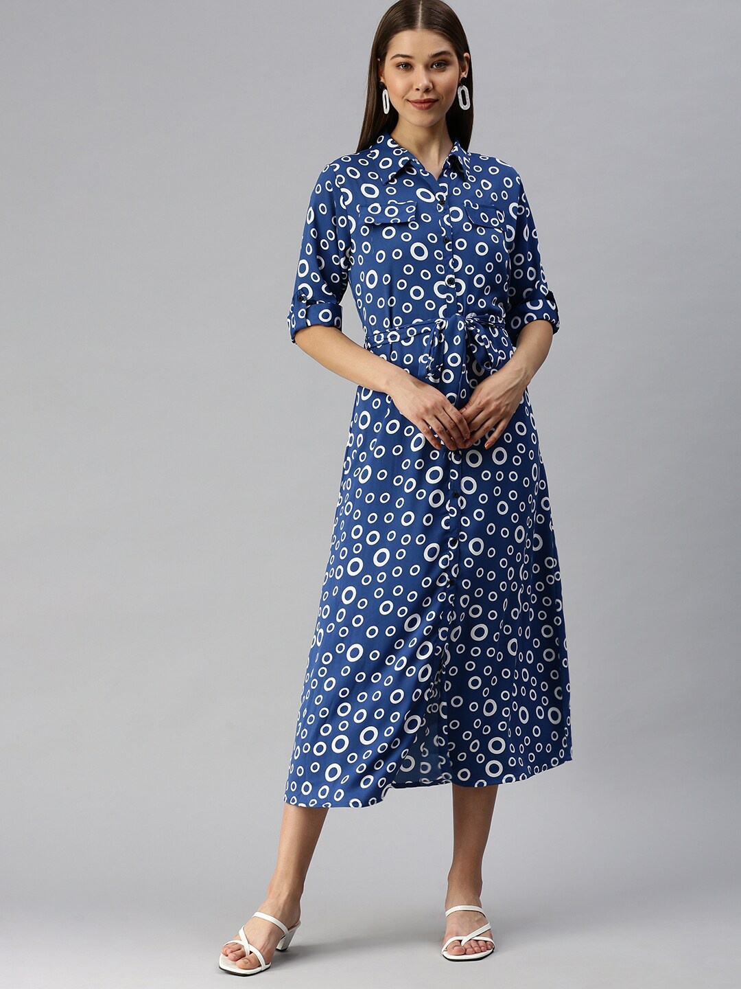 

SHOWOFF Geometric Printed Roll-Up Sleeves Shirt Dress, Blue