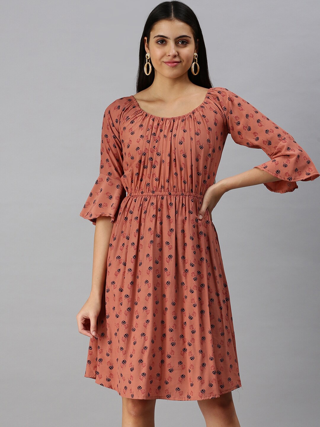 

SHOWOFF Floral Printed Bell Sleeves Fit & Flare Dress, Brown