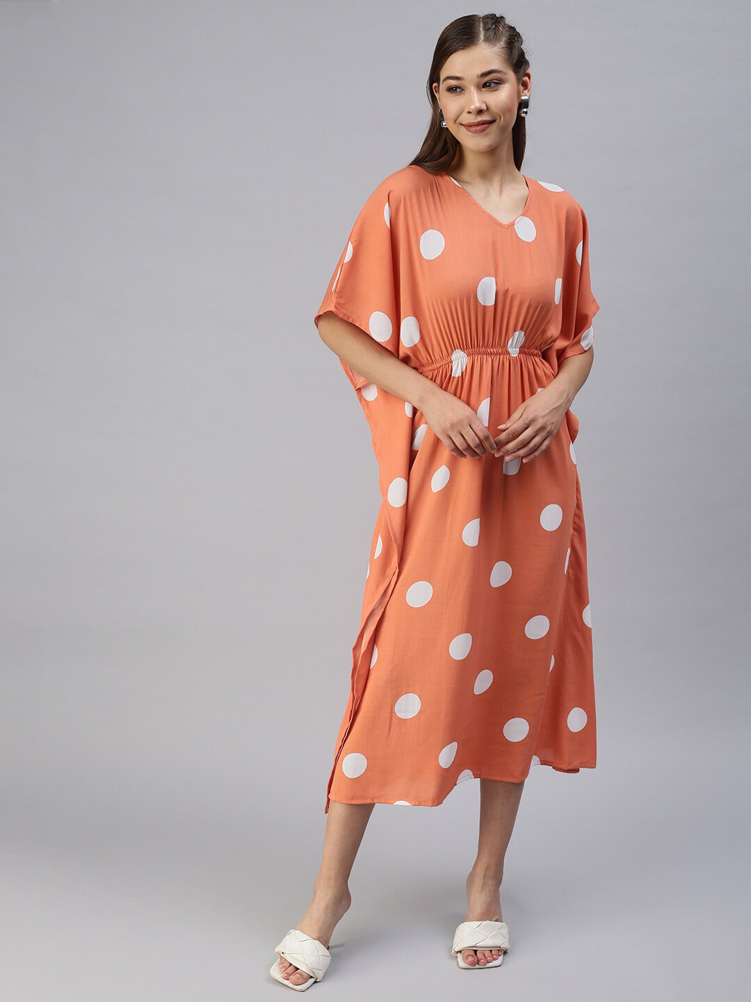 

SHOWOFF V-Neck Polka Dots Printed Crepe Kaftan Midi Dress, Orange