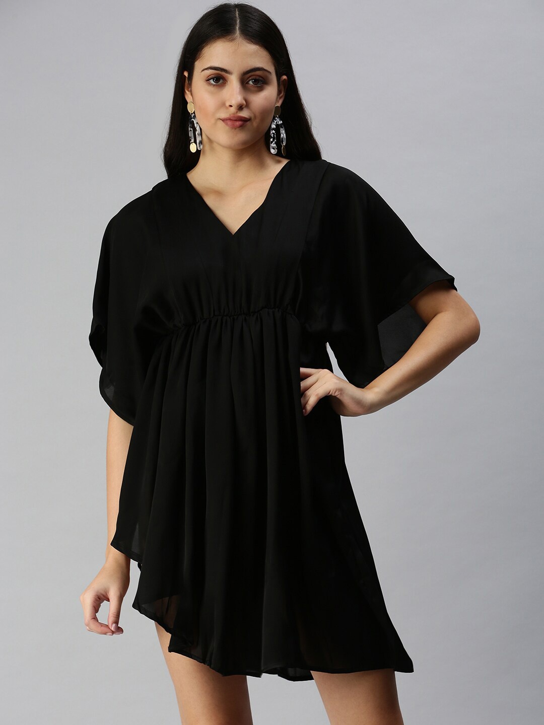 

SHOWOFF V-Neck Asymmetric Kaftan Mini Dress, Black