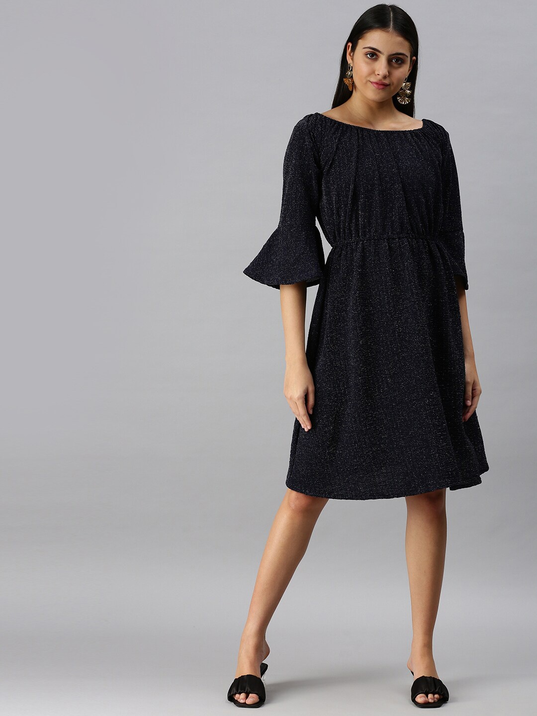 

SHOWOFF Self Design Bell Sleeves Fit & Flare Dress, Navy blue