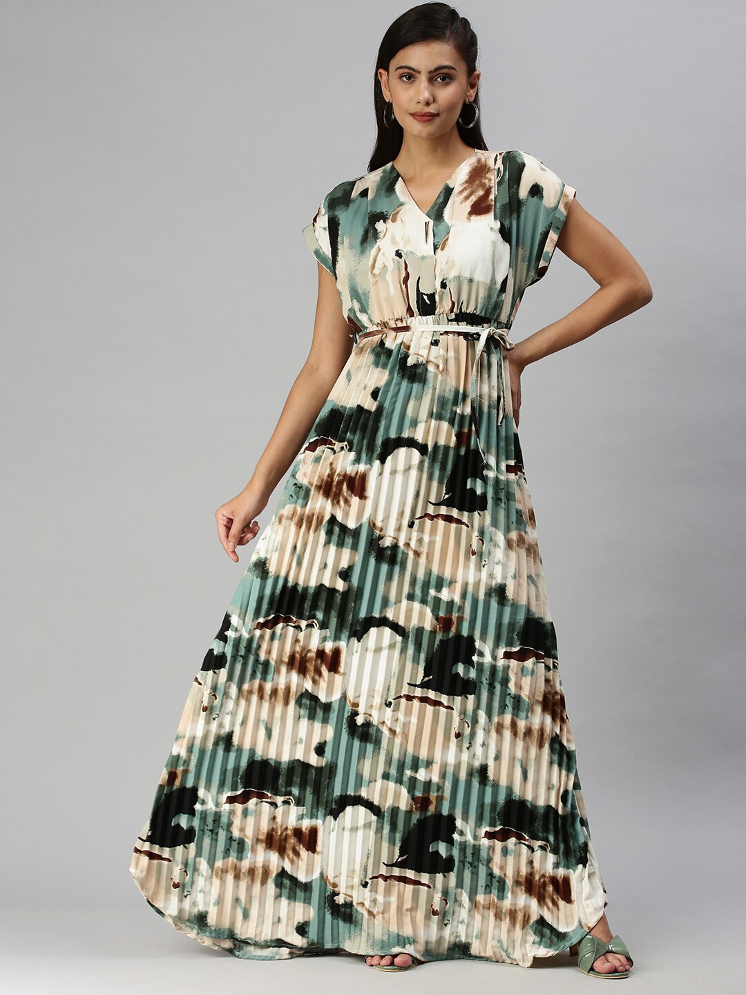 

SHOWOFF V-Neck Abstract Printed Accordion Pleats Maxi Dress With Belt, Coffee brown