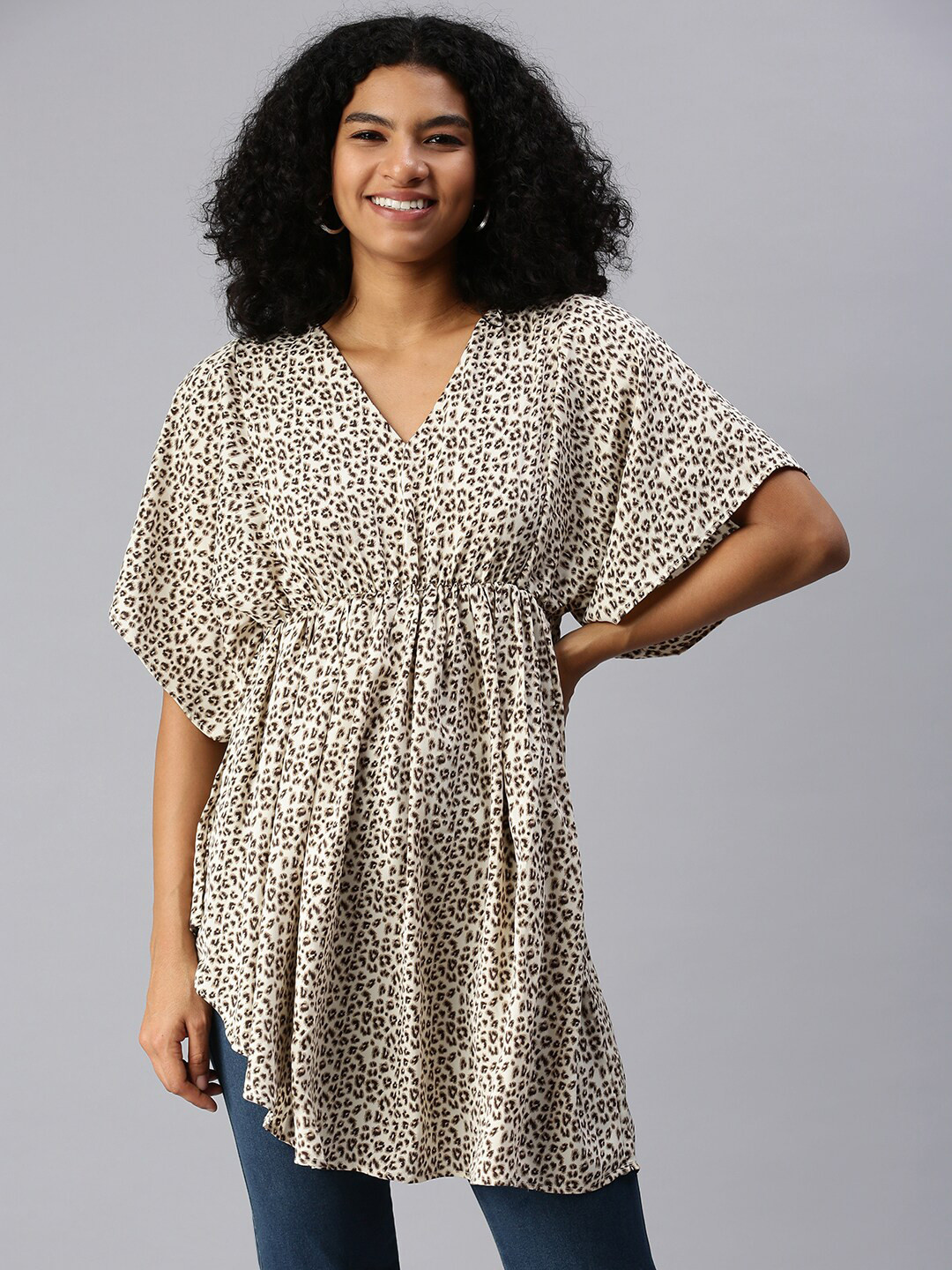 

SHOWOFF V-Neck Animal Printed Crepe Fit And Flare Dress, Beige