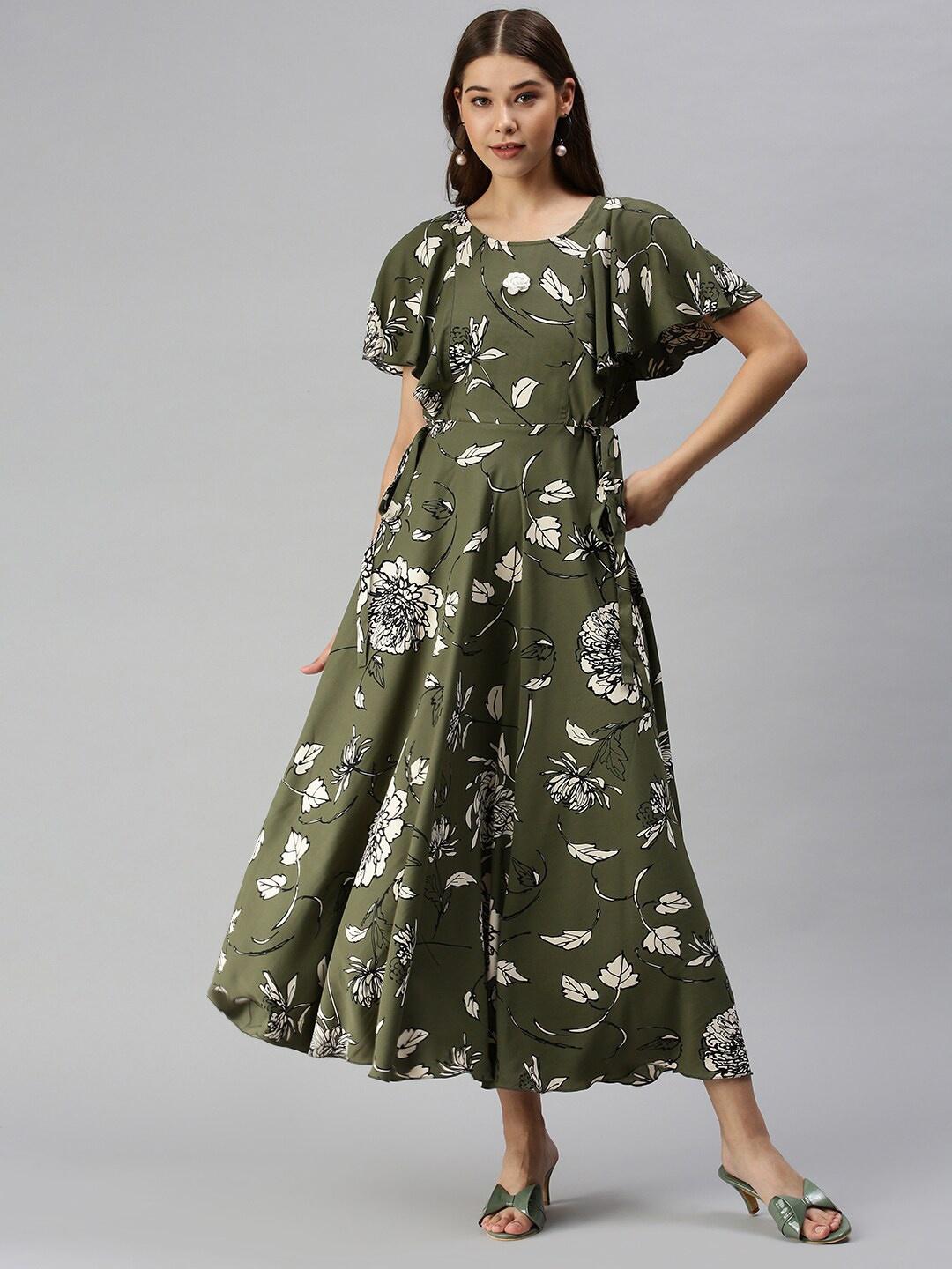 

SHOWOFF Floral Printed Flutter Sleeves Fit & Flare Midi Dress, Olive