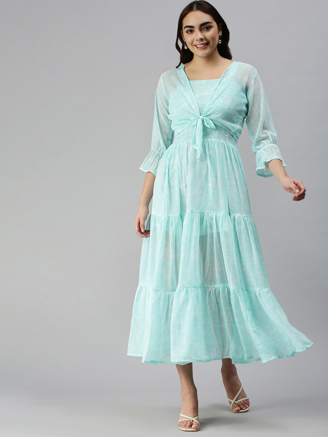 

SHOWOFF Abstract Printed Smocked Tiered Fit & Flare Midi Dress With Shrug, Blue