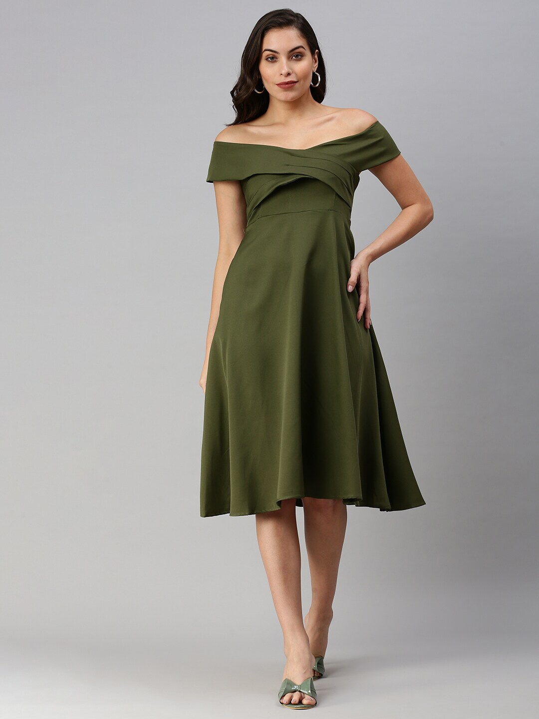

SHOWOFF Off Shoulder Fit And Flare Dress, Olive