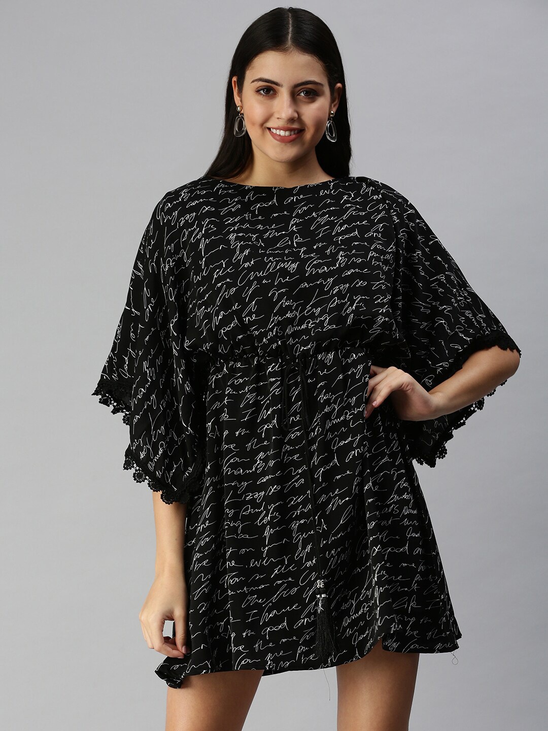 

SHOWOFF Typography Printed Boat Neck Kaftan Dress, Black