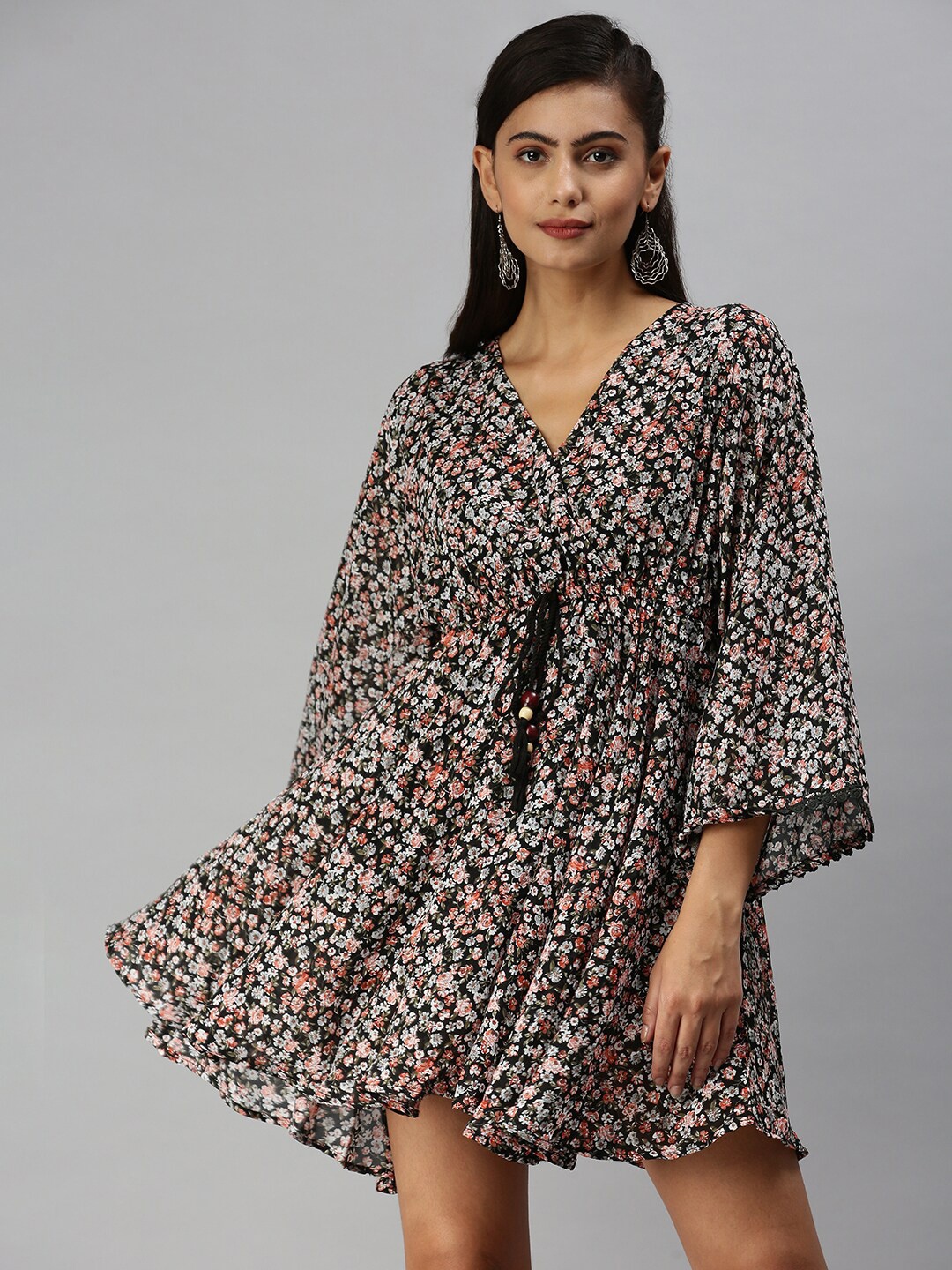 

SHOWOFF V-Neck Floral Printed Fit And Flared Georgette Mini Dress, Black