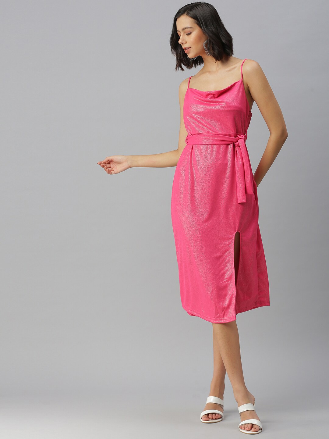

SHOWOFF Self Design Shoulder Strap Belted Fit & Flare Midi Dress, Pink