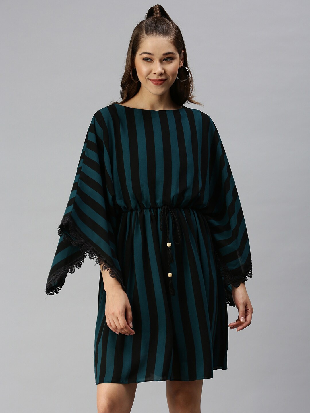 

SHOWOFF Boat Neck Striped Georgette Kaftan Dress, Black