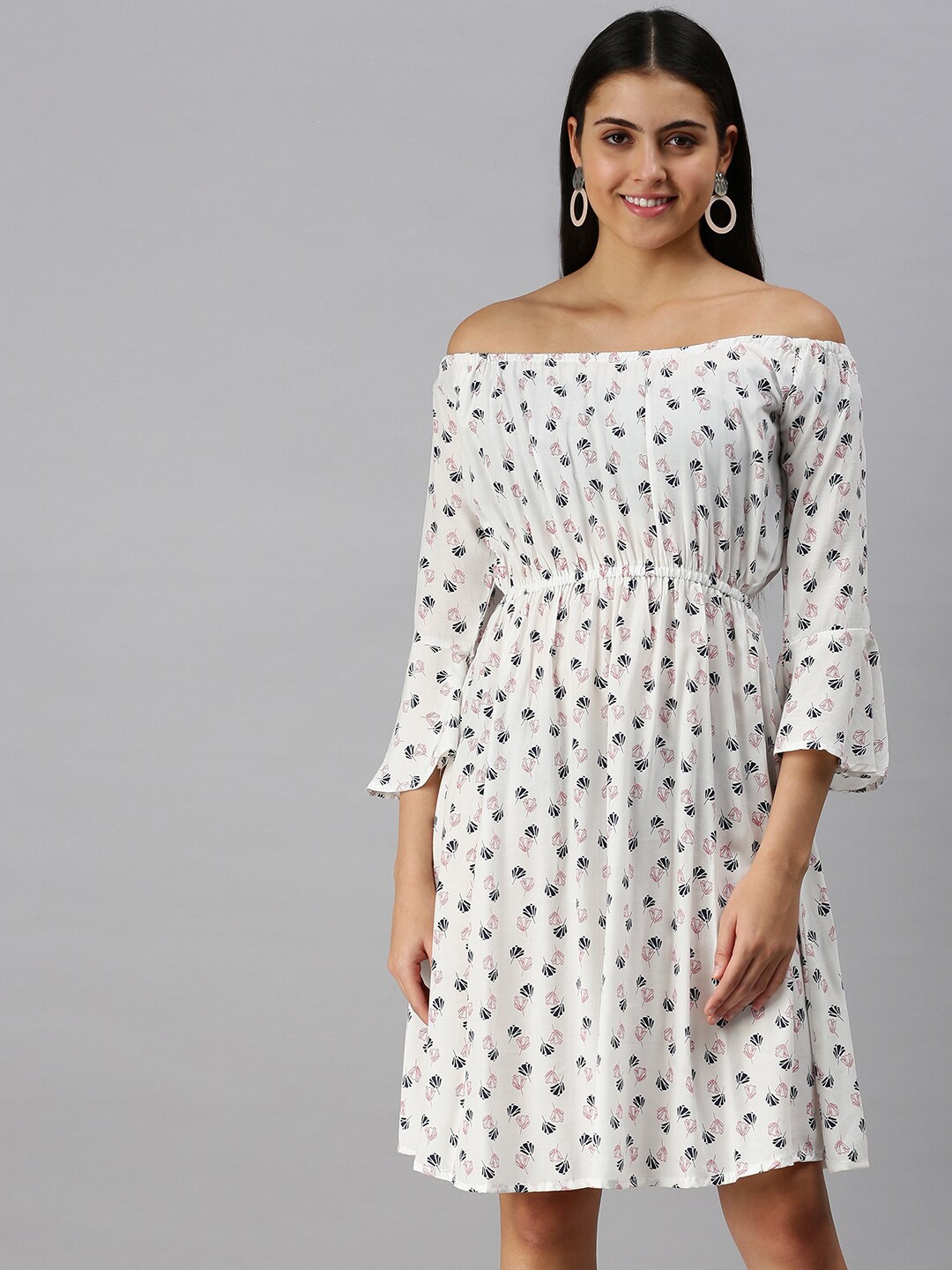 

SHOWOFF Off Shoulder Conversational Printed Crepe A-Line Dress, White