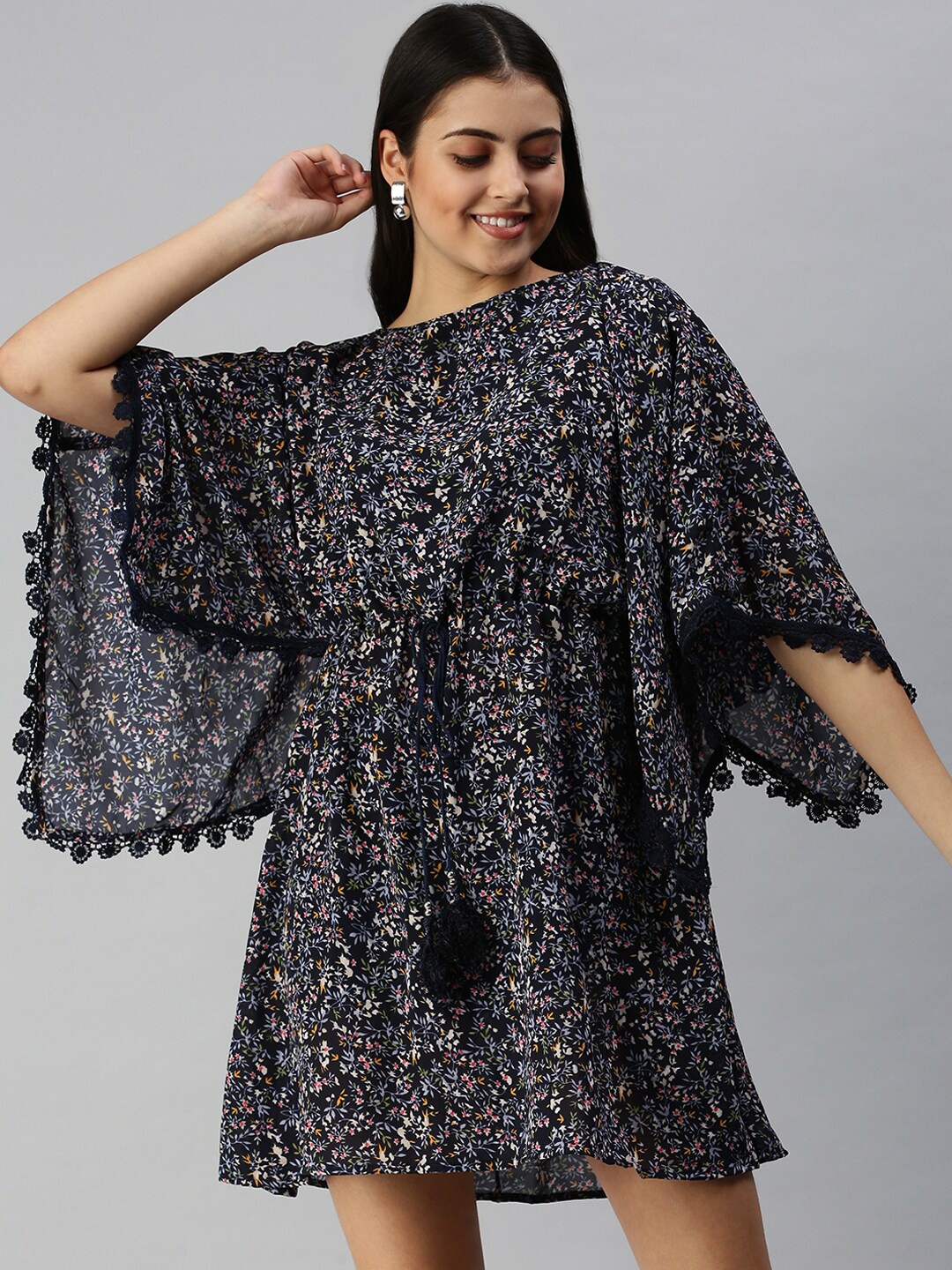 

SHOWOFF Floral Printed Boat Neck Kaftan Mini Dress, Navy blue