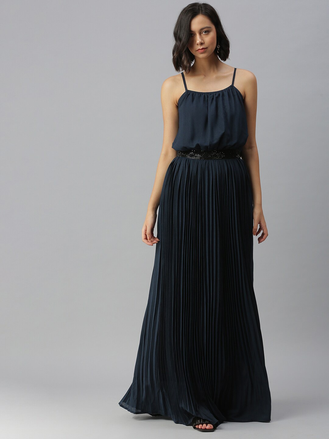 

SHOWOFF Shoulder Straps Accordion Pleats Georgette Fit and Flare Dress, Navy blue