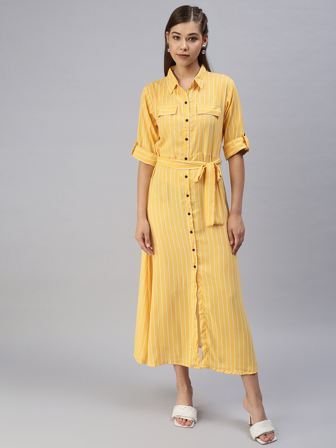 

SHOWOFF Striped Crepe Shirt Style Dress With Belt, Yellow