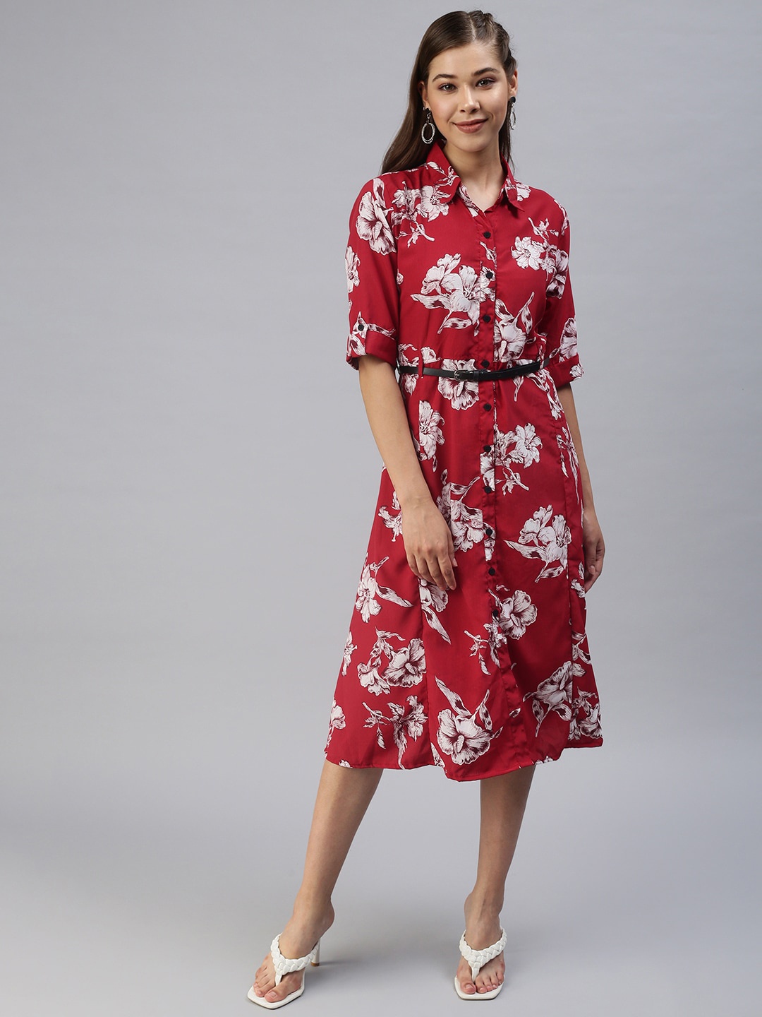 

SHOWOFF Shirt Collar Floral Printed Crepe Shirt Style Midi Dress With Belt, Red