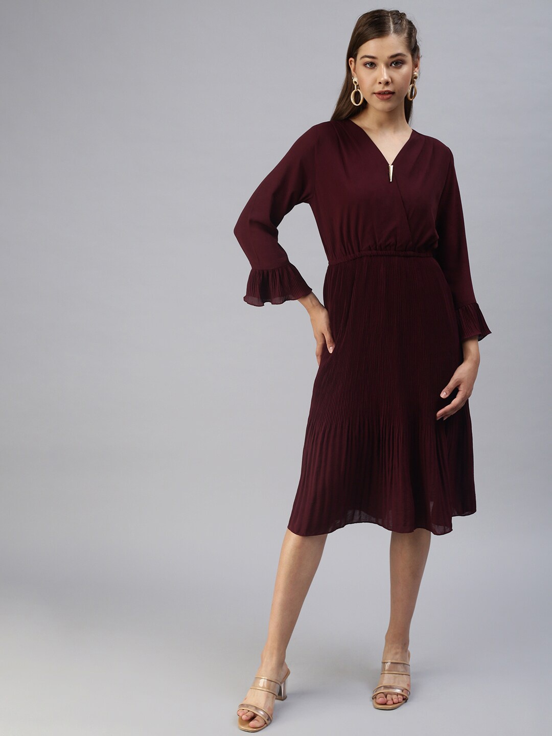 

SHOWOFF V-Neck Accordion Pleats Georgette Fit and Flare Dress, Burgundy