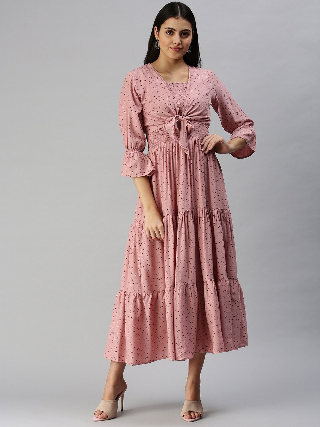 

SHOWOFF Shoulder Straps Conversational Printed Smocked Tiered Crepe Maxi Dress With Shrug, Mauve