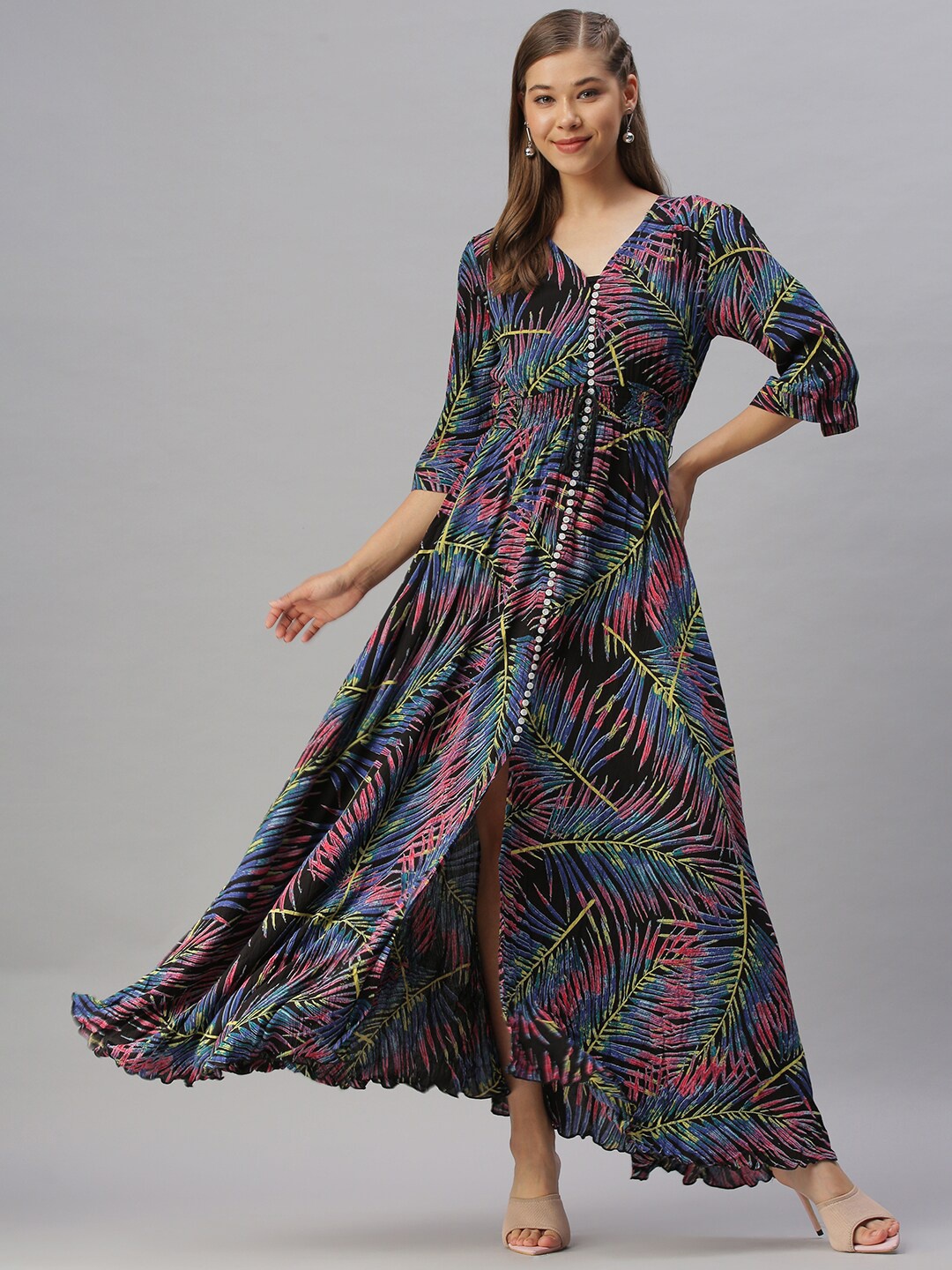 

SHOWOFF Tropical Printed V-Neck Fit & Flare Dress, Black