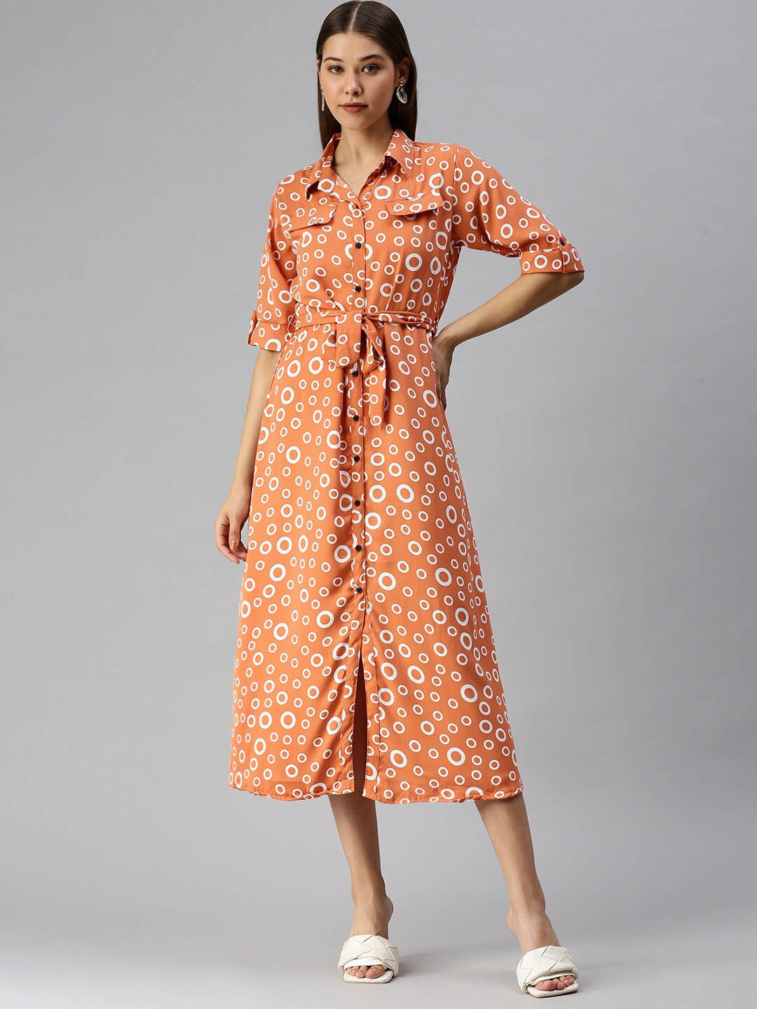 

SHOWOFF Geometric Printed Belted Shirt Midi Dress, Orange