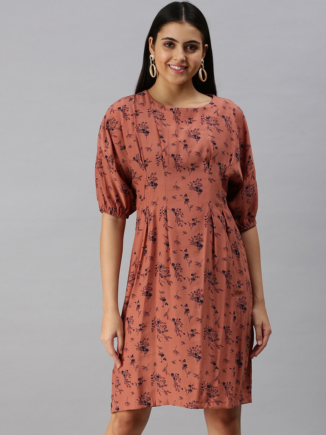 

SHOWOFF Round Neck Floral Printed Crepe A-Line Dress, Brown
