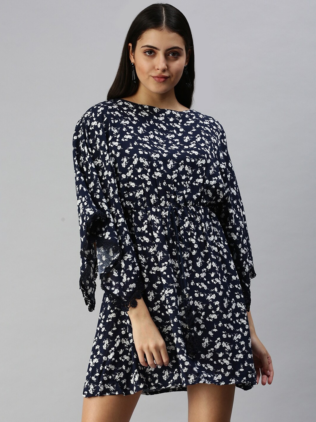 

SHOWOFF Boat Neck Floral Printed A-Line Dress, Navy blue