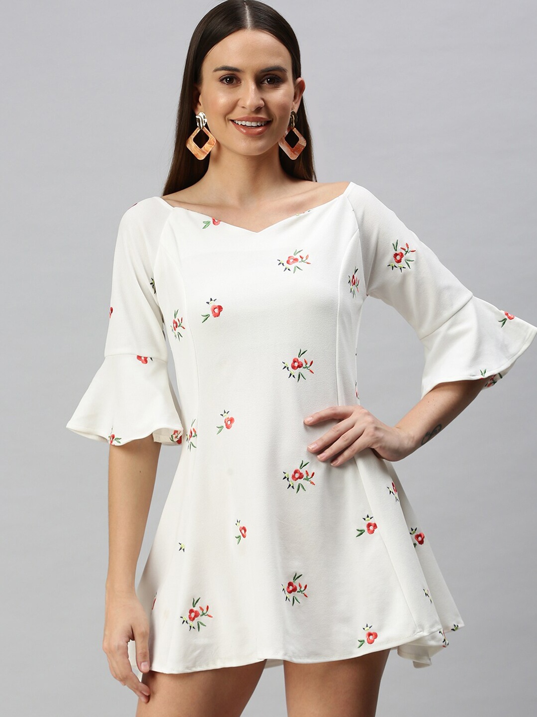 

SHOWOFF Floral Printed Bell Sleeves A-Line Mini Dress, White