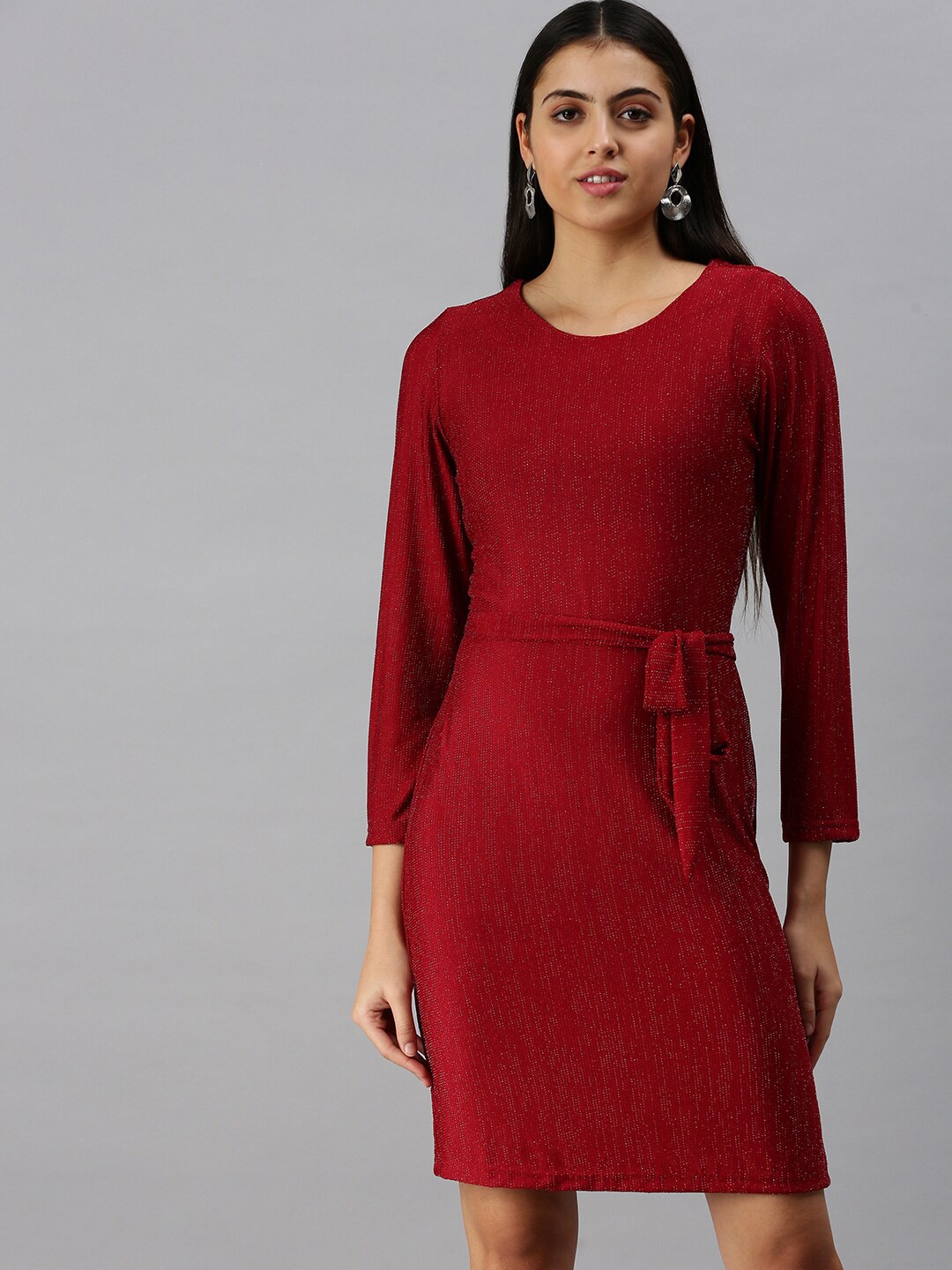

SHOWOFF Self Design Belted Sheath Dress, Maroon