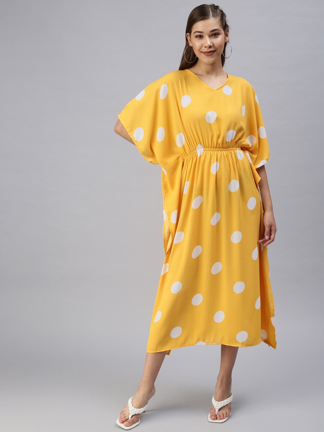 

SHOWOFF Polka Dots Printed Kaftan Midi Dress, Yellow