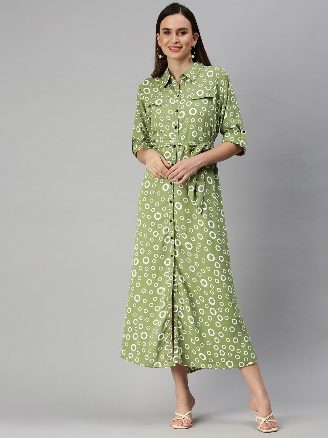 

SHOWOFF Shirt Collar Geometric Printed Shirt Style Dress With Belt, Green