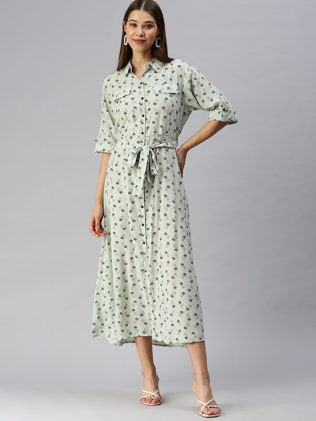 

SHOWOFF Shirt Collar Floral Printed Shirt Style Midi Dress With Belt, Green