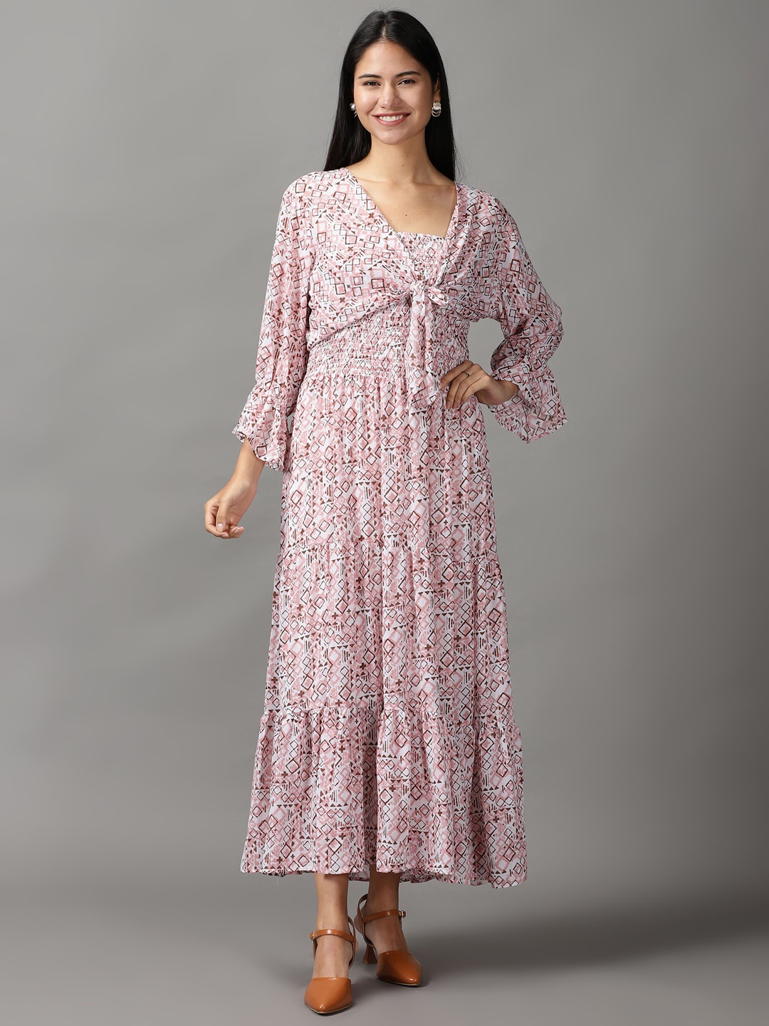 

SHOWOFF Geometric Printed Smocked Fit & Flare Maxi Dress With Shrug, Pink