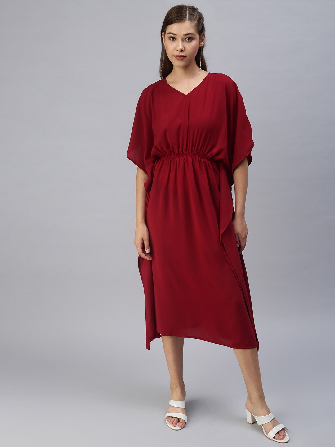 

SHOWOFF V-Neck Kaftan Midi Dress, Maroon