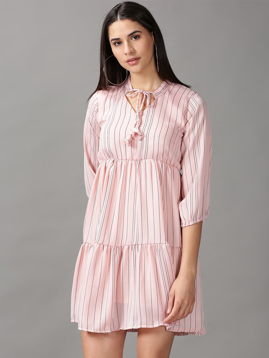 

SHOWOFF Tie-Up Neck Striped Tiered Georgette A-Line Mini Dress, Peach