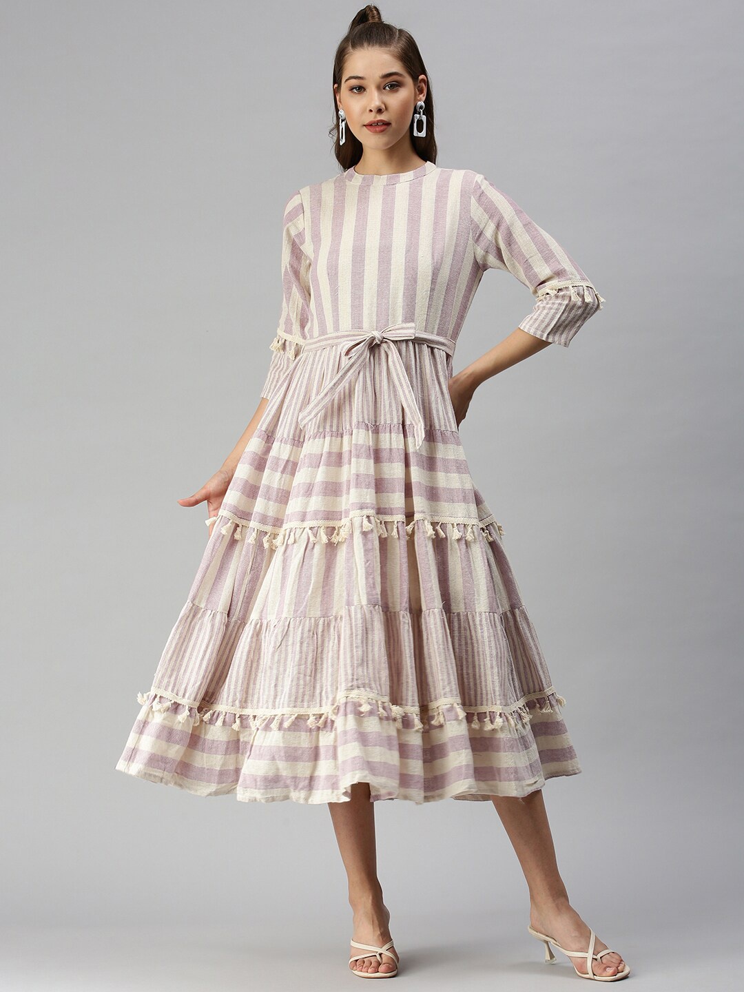 

SHOWOFF Striped Tiered Belted Organic Cotton A-Line Dress, Off white
